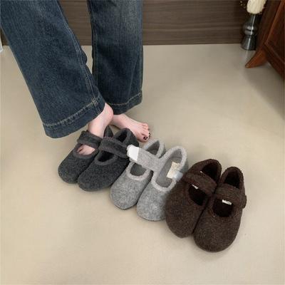 Ретро замшевые туфли Мэри Джейн на скрытой платформе женские 2024 зимние на маленьком высоком каблуке плюшевые теплые пушистые хлопковые одинарные туфли