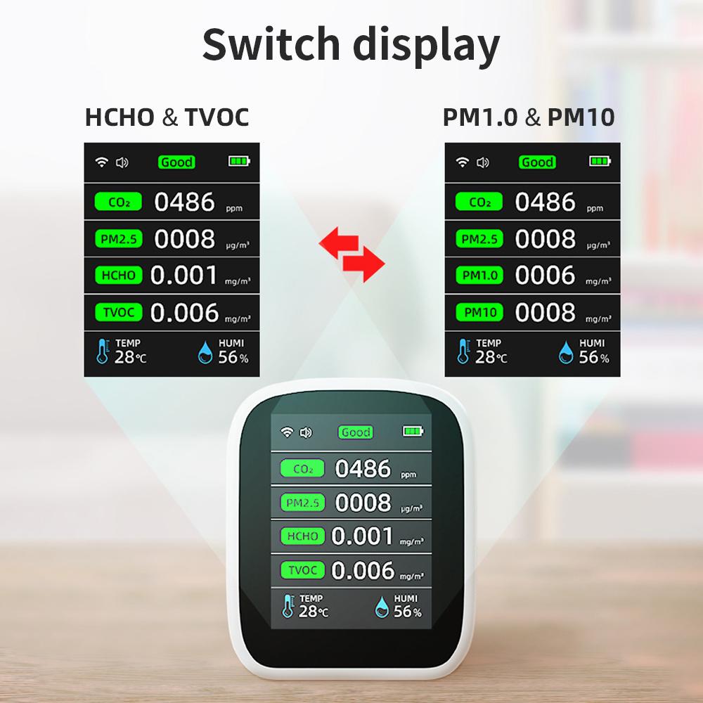Tuya Wifi 8-в-1 Измеритель качества воздуха Многофункциональный PM1.0 PM2.5 PM10 CO2 TVOC HCHO Температура Влажность Тестер Детектор CO2