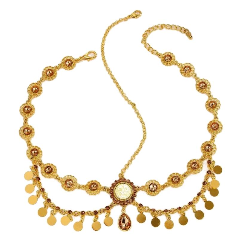 Индийская свадебная головная цепочка Золотистого цвета с монетными кисточками Стразы Головной убор для женщин Свадебные аксессуары Повседневная носка