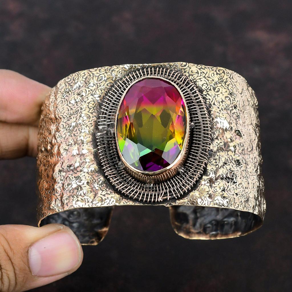 Браслет с граненым турмалином, регулируемый браслет-манжета с медной проволокой, браслет ручной работы с драгоценными камнями, старинные медные украшения, подарок на помолвку