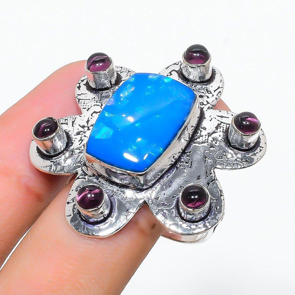 Natural Blue Triplet Opal,Amethyst Gemstone 925 Sterling Silver Ring Size 9 w8H93