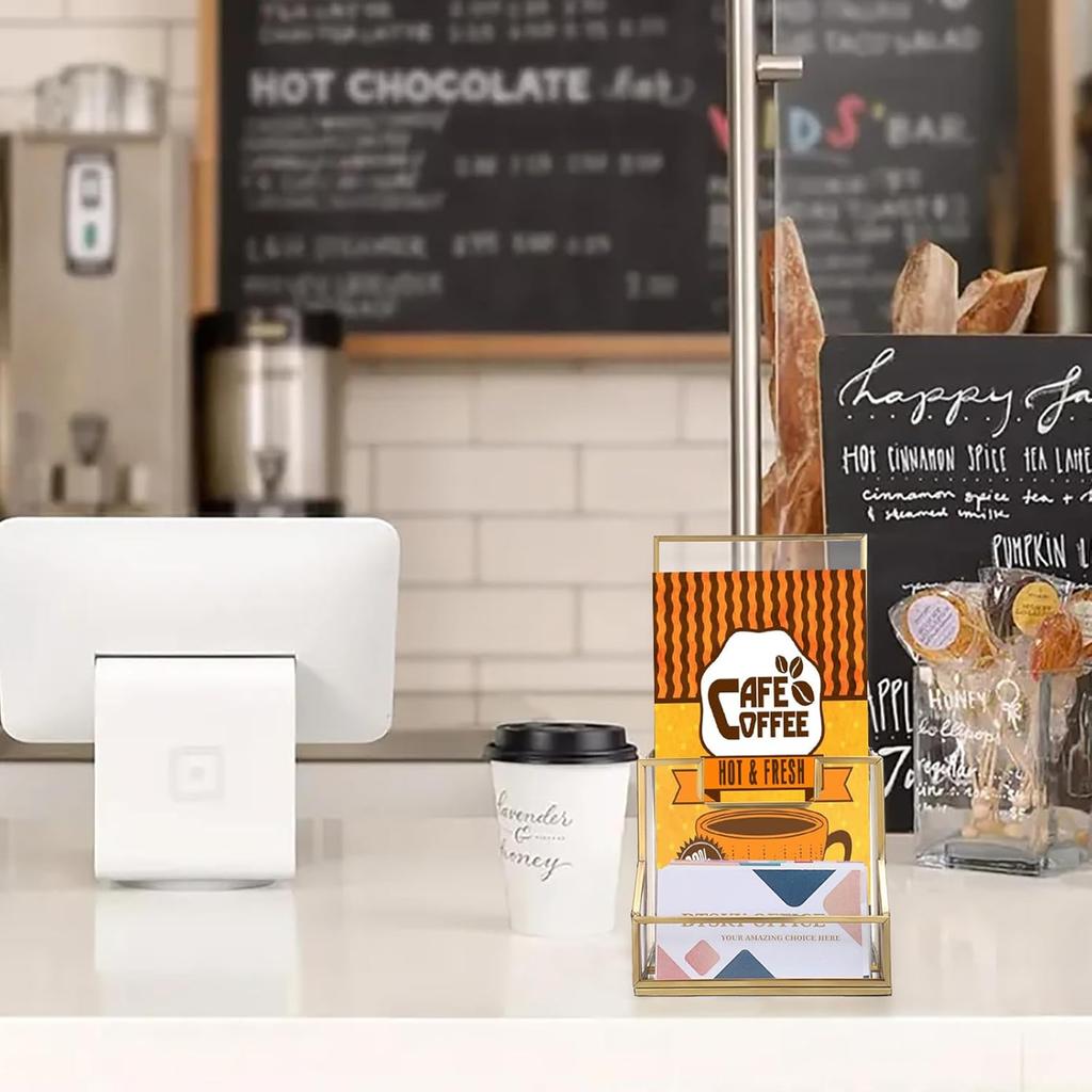 BTSKY Golden Glass Brochure Holder for 4" Wide Trifold Handouts, Countertop Pamphlet Holder Display Stand with Business Card Holder, Flyer Display