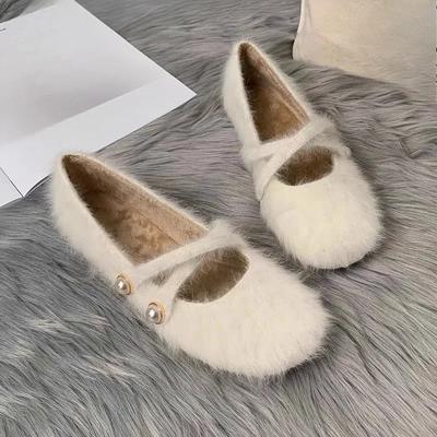 Пушистые туфли осень и зима новые круглый носок мелкий вырез жемчужная одинарная перемычка мягкая подошва нескользящие туфли Мэри Джейн