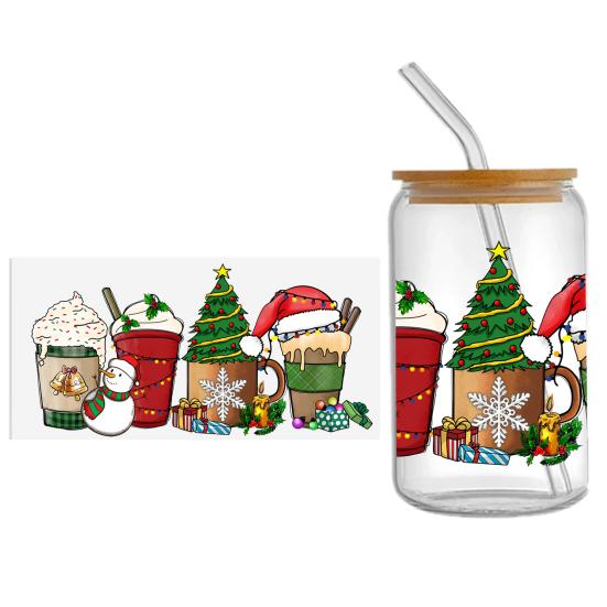 Наклейка на чашку Рождественская елка Санта-Клаус Водонепроницаемая самоклеящаяся Отличная липкость Противоскользящая прозрачная печать Кофейная чашка УФ DTF наклейка
