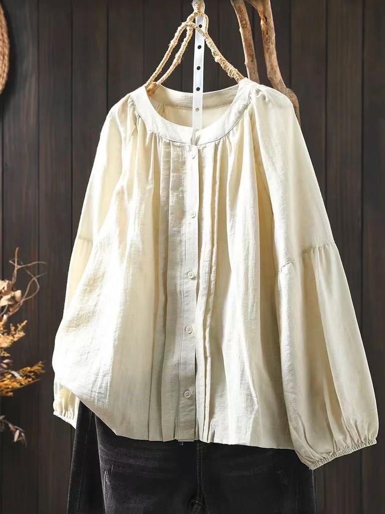 Johnature Women Spring Vintage Shirts Button Solid Color Blouses Loose O-Neck Long Sleeve Casual Female Shirts