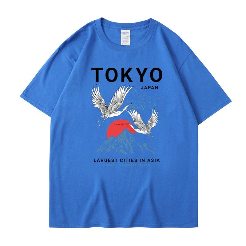 Men's Cotton T-shirt 2025  Japanese Style Tokyo Crane 2D Printed Round Neck Casual Short Sleeve Unisex T S