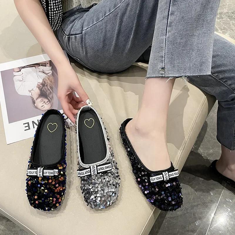 Женские полутапочки, лето 2024, корейские с круглым носком и бантом, повседневные домашние удобные сандалии на мягкой подошве с плоской подошвой, обувь