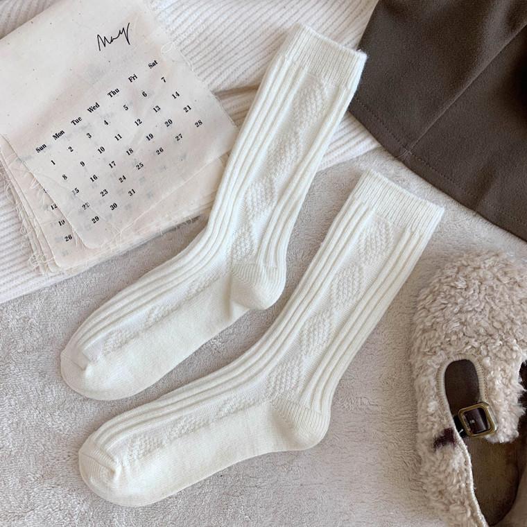 Толстые носки средней длины с ромбовидной сеткой, женские, белые, утолщенные, теплые, однотонные, повседневные, хлопковые носки в стиле колледжа
