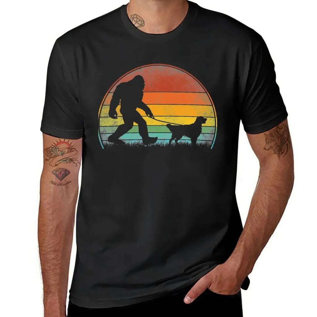 quick drying t-shirt cat shirts t shirt graphic Bigfoot Walking Golden Retriever Sasquatch Dog Lover T-Shirt