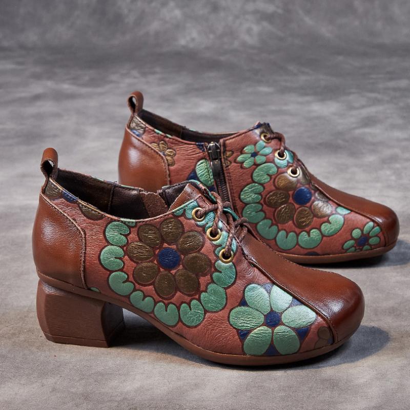 Johnature Женская обувь с принтом, туфли-лодочки из натуральной кожи в этническом стиле с круглым носком на толстом каблуке и мягкой подошвой