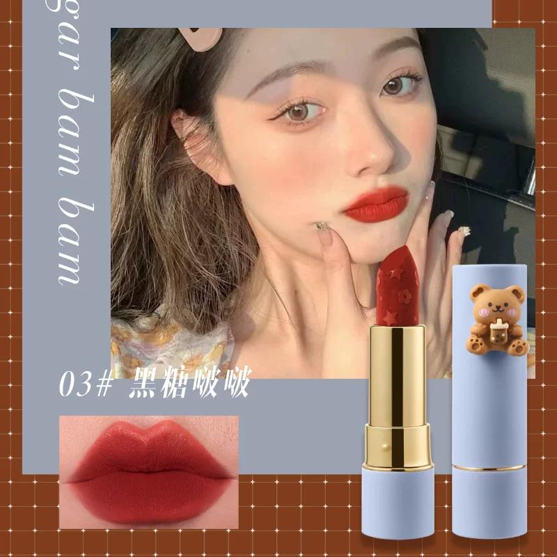 Pretty Beauty Milk Tea Bear Velvet Lipstick Matte Finish Natural Look Whitening Student Lipstick Non-Fading Waterproof Non-Stick Cup