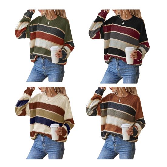 Women Sweater Round Neck Long Sleeve Knitted Tops Striped Print Loose Fit