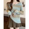 One Character Collar Contrasting Color Women's Knitted Sweater Korean Fashion Simple Lady Top Autumn Winter Long Sleeved Pullover