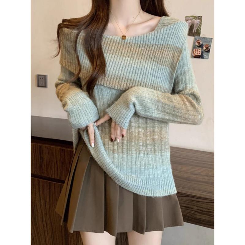 One Character Collar Contrasting Color Women's Knitted Sweater Korean Fashion Simple Lady Top Autumn Winter Long Sleeved Pullover