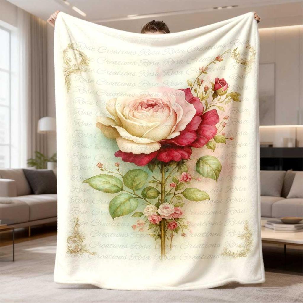 2026 Latest Flannel Blanket Vintage Floral Rose & Roses Print Flannel Blanket DoubleSided Throw with Elegant Script Design, AllSeason Cozy Blanket for