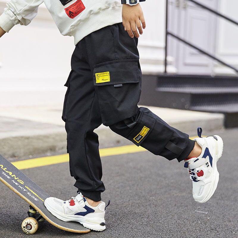 Брюки-карго для мальчиков, однотонные повседневные брюки с несколькими карманами для детей-подростков, весенне-осенние брюки с эластичной резинкой на талии для мальчиков, уличная одежда, детская одежда