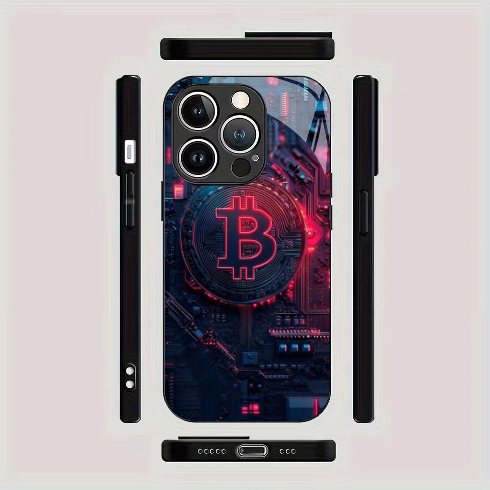Яркая чехол-бампер из закаленного стекла с узором Bitcoin, подходит для iPhone 17 16 15 14 13 12 11 Pro/Max/Plus, противоударная задняя крышка