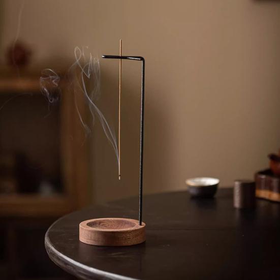 Upside Down Incense Burner Metal Frame Incense Stick Holder with Wooden Base Round Incense Tray for Home Decor Yoga Meditation