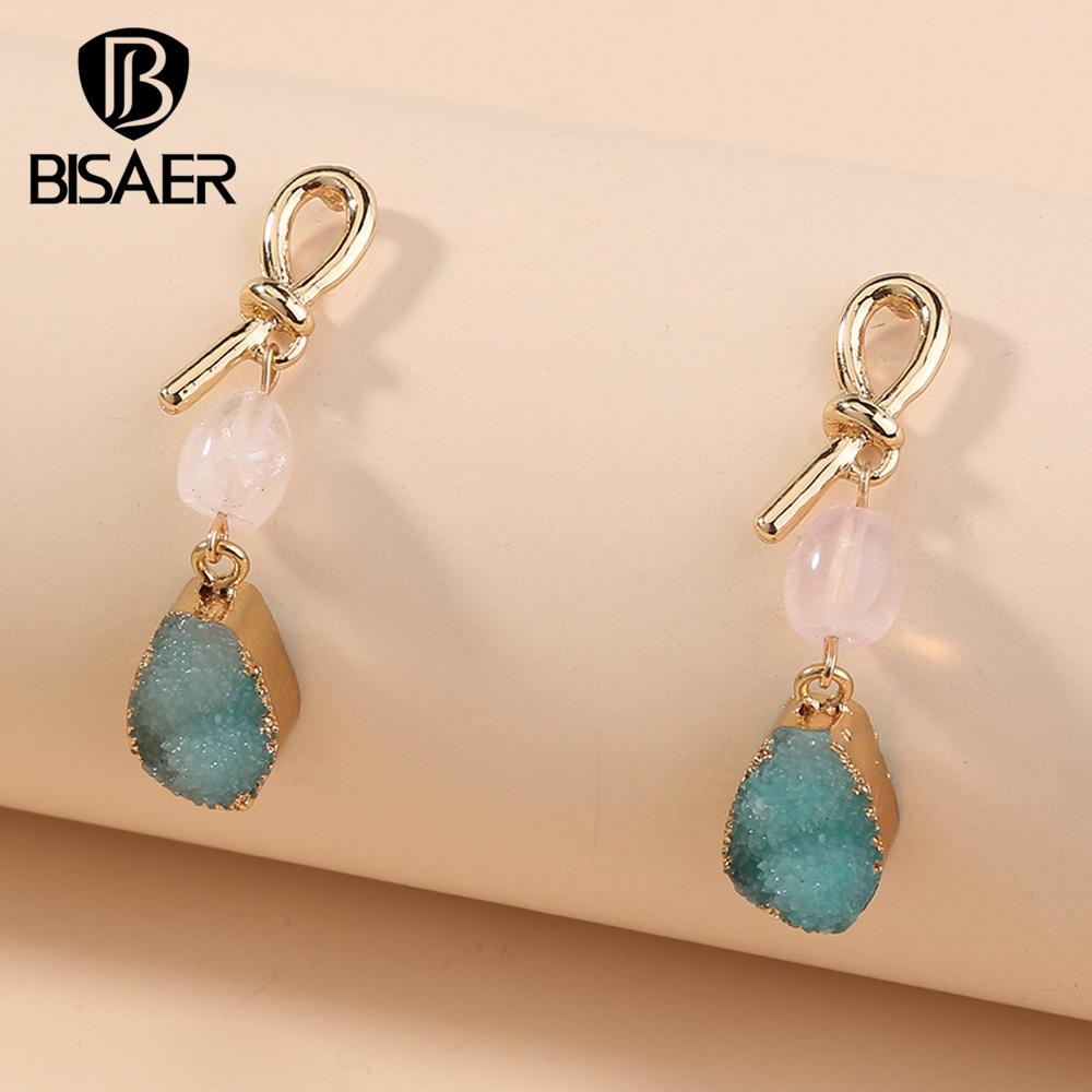 Bisaer Blue Imitation Natural Stone & Pink Imitation Pearls Stud Earrings for Women Fine Jewelry