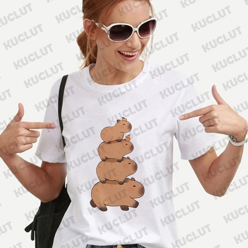 Cute Capybara Anime Women's T-shirt Casual Ulzzang Short Sleeve Tees Cartoon Graphic Y2K Tops Female Blouse Aesthetic Clothing