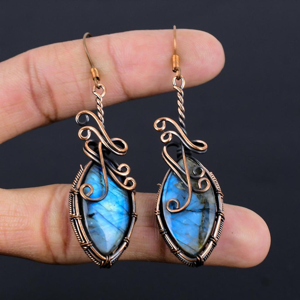 Labradorite 999 Copper Wire Wrapped Earrings, Handmade Gemstone Earrings Jewelry, Gifts For Wife Brand New Earrings