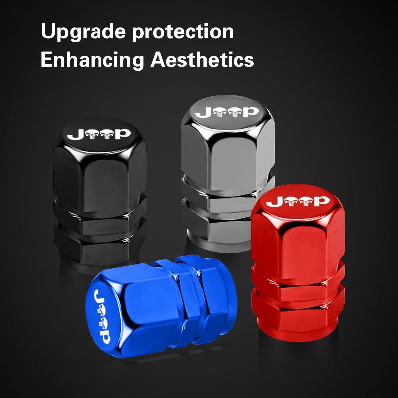 JOT2 4pcs Car Wheel Tires Valves Tyre Stem Caps For New Jeep Renegade Wrangler JK Compass Grand Cherokee Gladiator Car styling