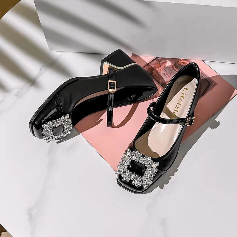 Плюс 35-43 Весна Лето Украшения Стразы Модные Женские Кожаные Туфли Мэри Джейн Квадратный Головной Узор Классический Толстый Каблук Низкий Каблук