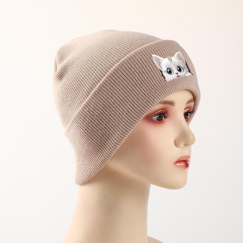 Cute White Cat Winter Knit Hat Beanie, Animal Man Cap Soft Winter Unisex Pompom Beanies Knitted Cap Beanie