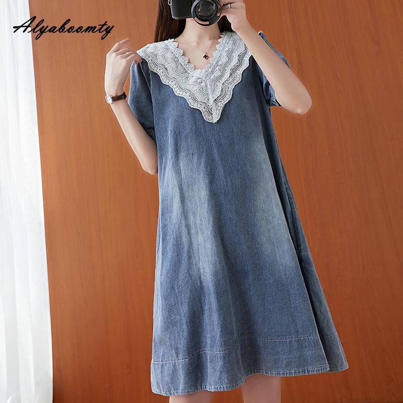 Korean Style Summer Women Blue Denim Dress V Neck Lace Patchwork Casual Loose Dress Short Sleeve Thin Blue Denim Dresses