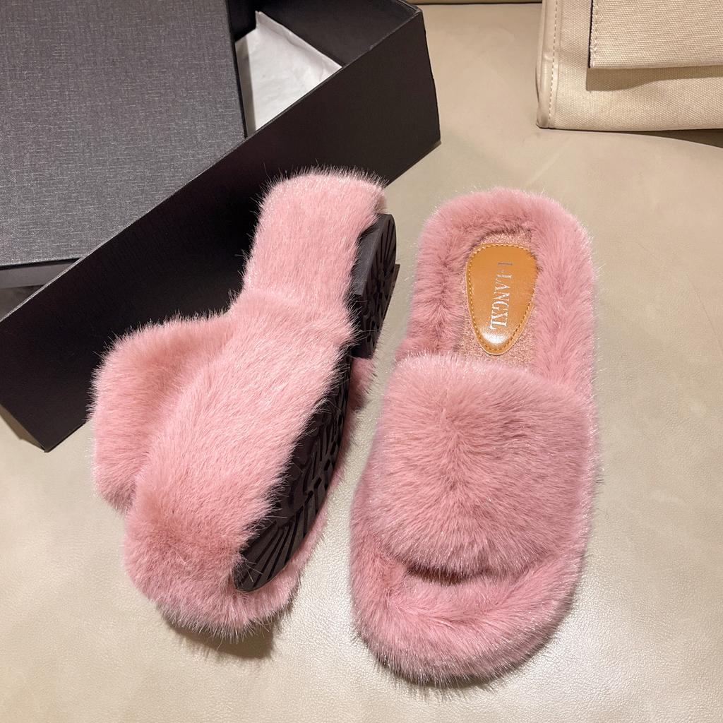 Увеличивающие рост толстоподошвенные пушистые тапочки женские осенне-зимние для улицы пушистая обувь на одной перемычке ins домашние домашние плюшевые тапочки весна и лето