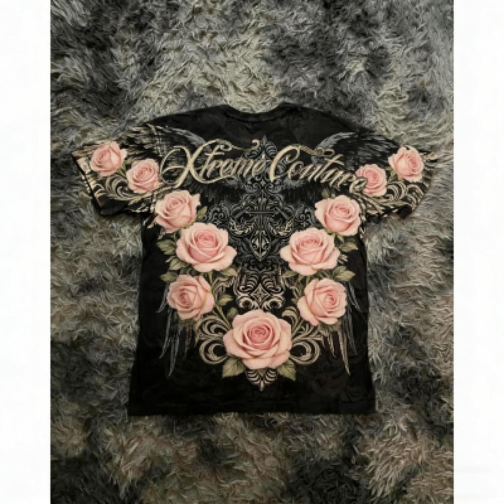 Summer Men's T-shirt Gothic Rose Cross Wing Print Tees Round Neck T-shirt Outdoor Street Style Top Casual Women's Clothing