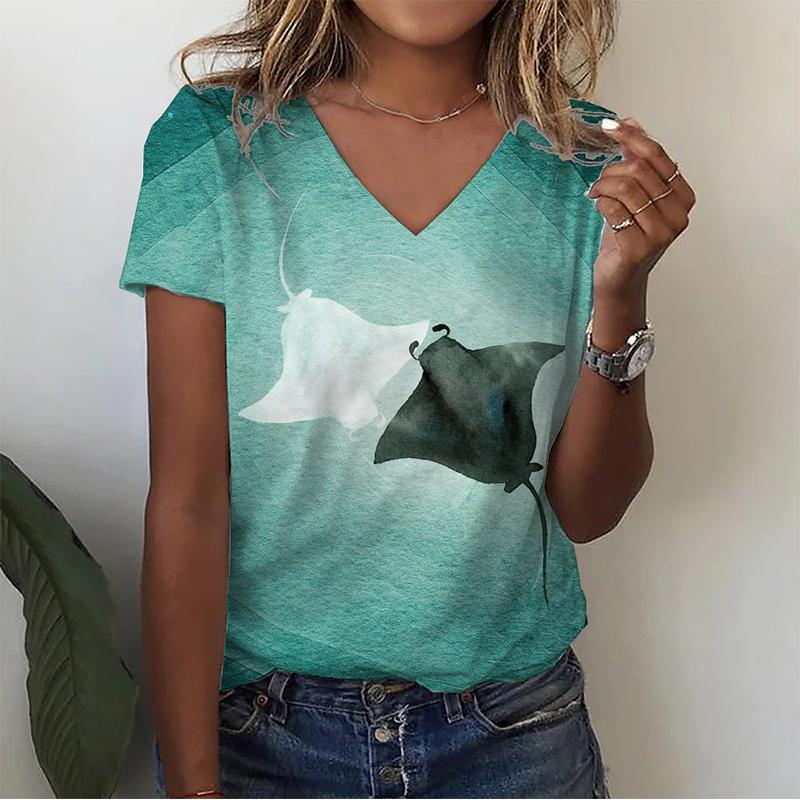 Summer V-neck 3D Infauna Printed Top Fashionable Casual Short Sleeved Women's T-shirts