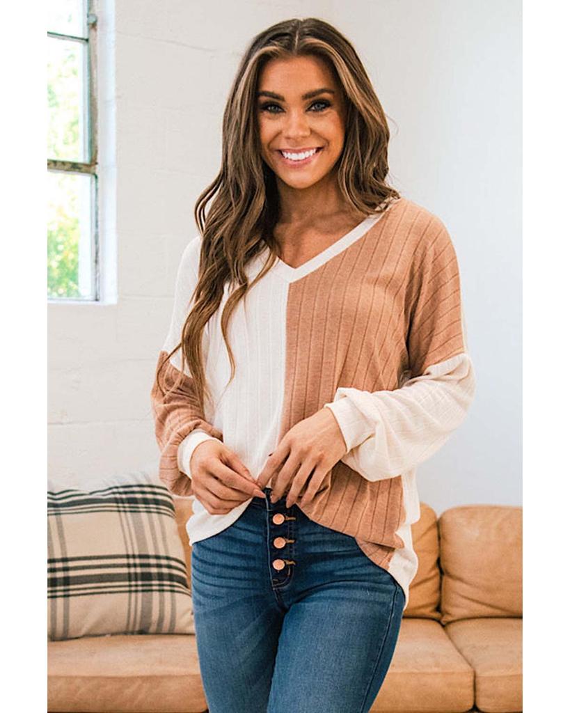 Azura Exchange Apricot Color Block Wide Ribbed V Neck Top