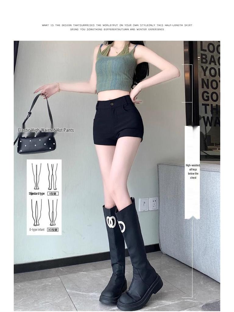 Черные шорты-костюм А-силуэта с высокой талией и эффектом похудения для женщин - Осенняя коллекция 2024