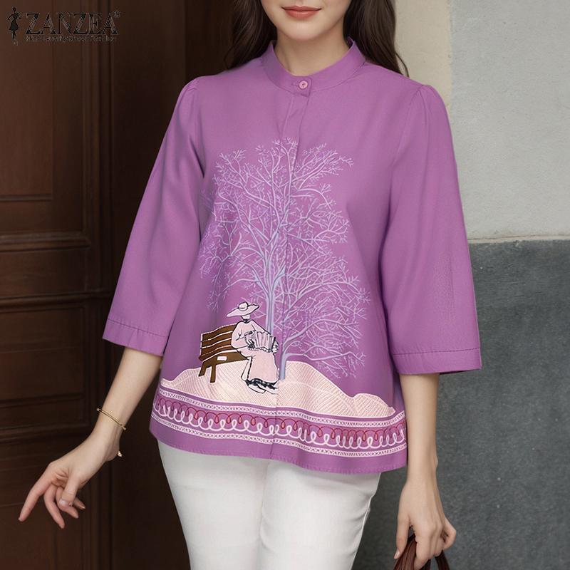 ZANZEA Women Casual Stand Collar Loose 3/4 Sleeve Print Blouse