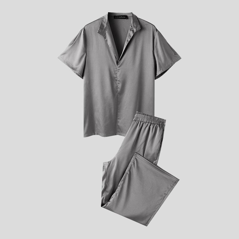 INCERUN Мужские однотонные атласные топы и брюки из двух частей с короткими рукавами