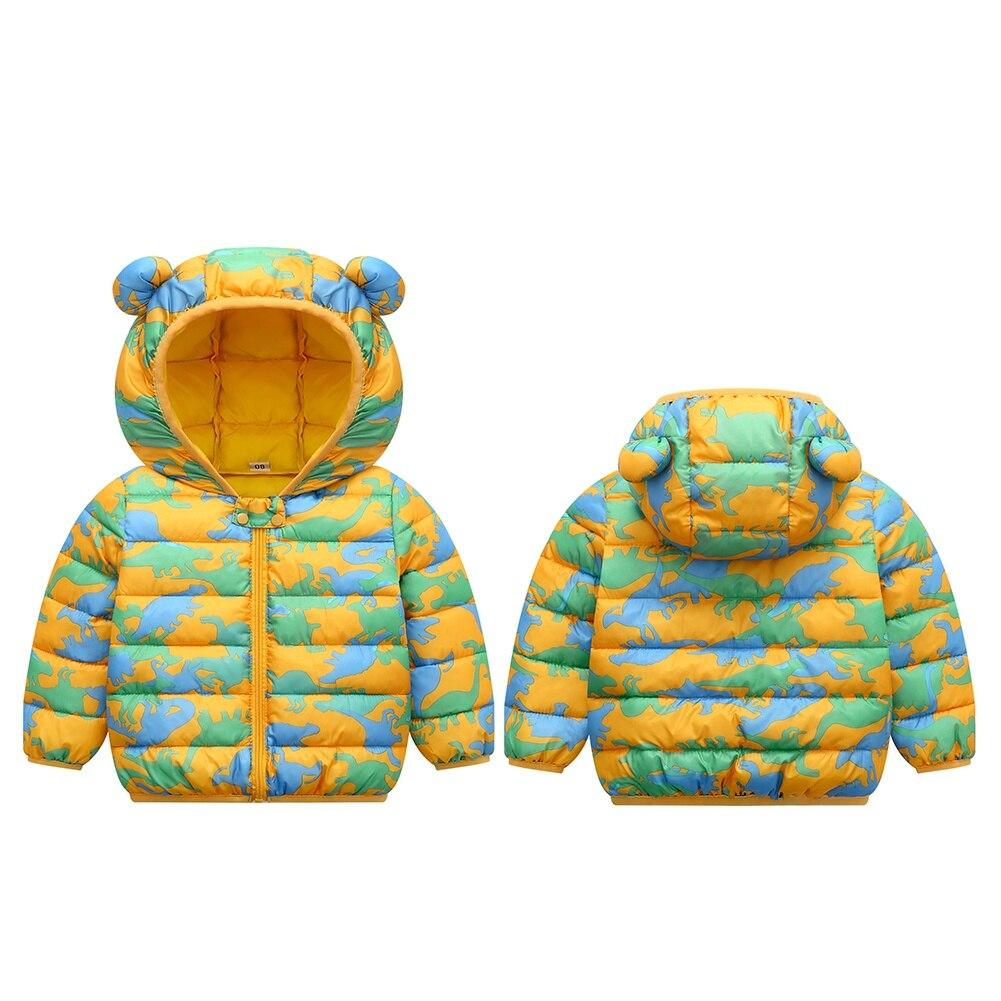 Маленькие зимние пуховики с принтами динозавров для мальчиков и девочек
