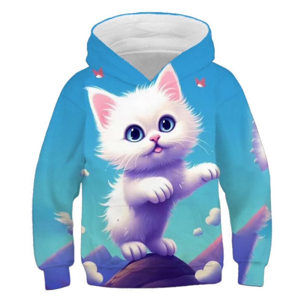 Детская одежда Толстовки с капюшоном для девочек с длинным рукавом и принтом 3D-кота для детей Весенне-осенняя одежда Повседневная милая одежда для девочек на открытом воздухе Топы
