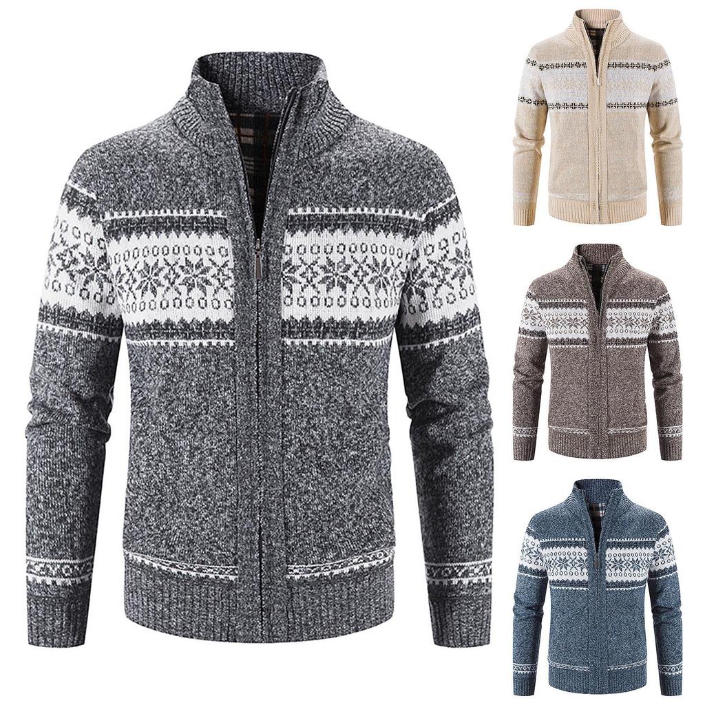 Men's Casual Autumn Winter Zipper Sweater Stand Collar Printed Cardigan Tops Sweater Blouse Coat