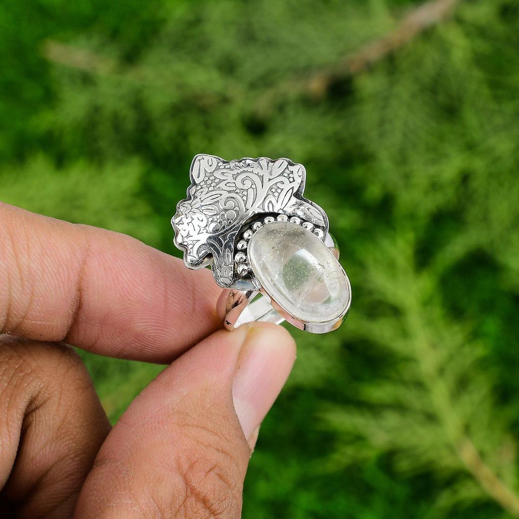 925 Silver Oval White Quartz Stone Unique Wedding Elegant Statement Mother Ring