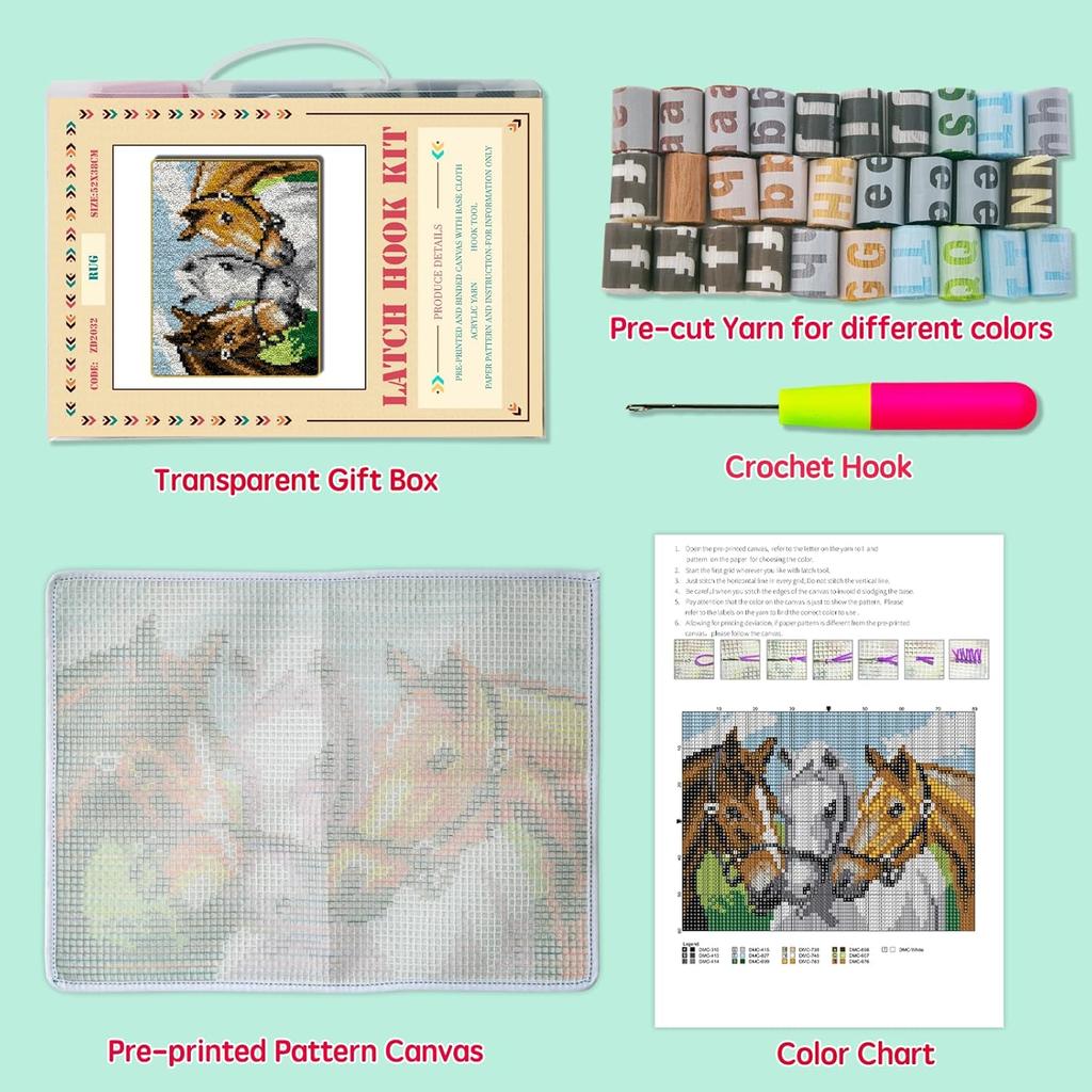 DL-YTG Наборы для ковровой вышивки крючком с защелкой Ковер Три лошади Пряжа для вязания крючком Подушка Цветная Предварительно напечатанная Канва Чехол Ковер Рукоделие Сделай сам Набор с крючком и защелкой Домашнее украшение