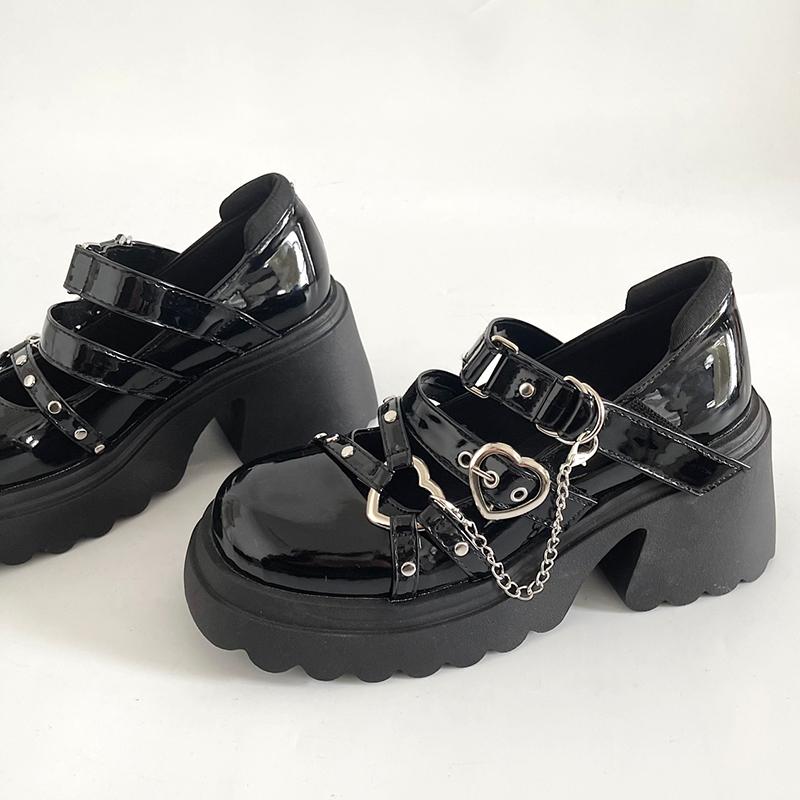 Fashion Gothic Style Shoes Platform Lolita Shoes Female Chain Heart Buckle Mary Janes Shoes High Platform Shoes Women's Punk Shoes Y2K