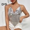 Женский топ с блестками на бретельках без рукавов с открытой спиной, короткий жилет с металлическими цепочками, шнурками и воротником-качелями, сексуальный топ