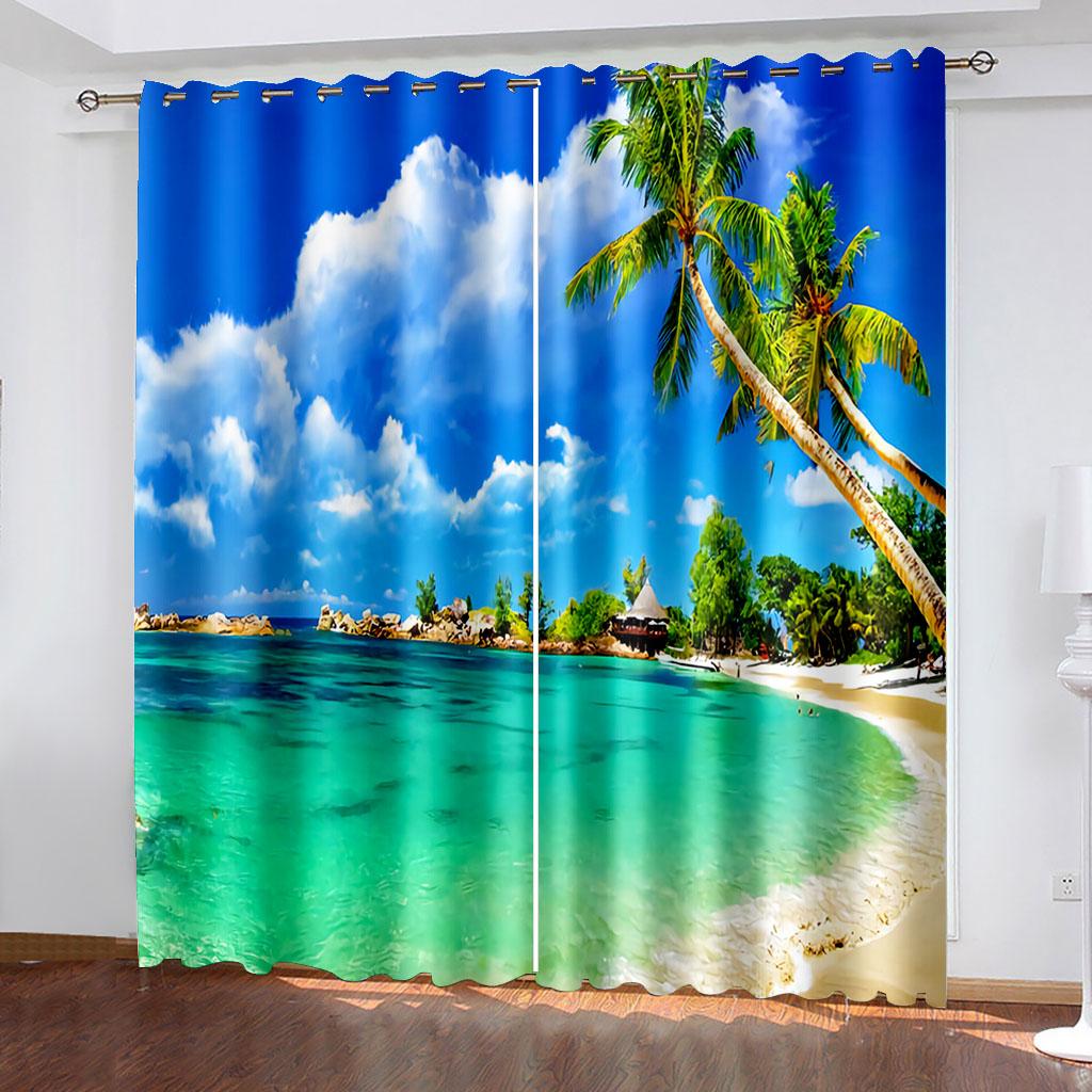 3D Nature Landscape Blue Sand Beach Sea Palm Leaves Shading Polyester Window Curtains for Bedroom Living Room Home Decor Hook