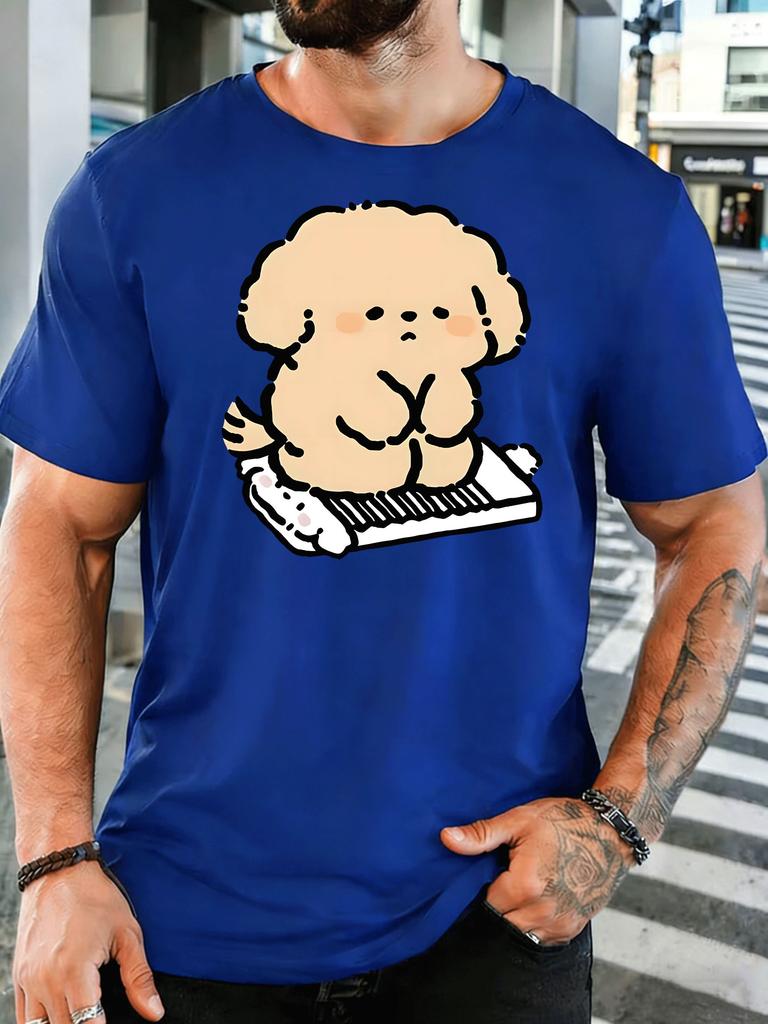 Cute Fluffy Puppy Playing Piano Front Print T Shirt Lovely Cartoon Dog Graphic Tee Casual Short Sleeve Top Music Pet Lover Gift