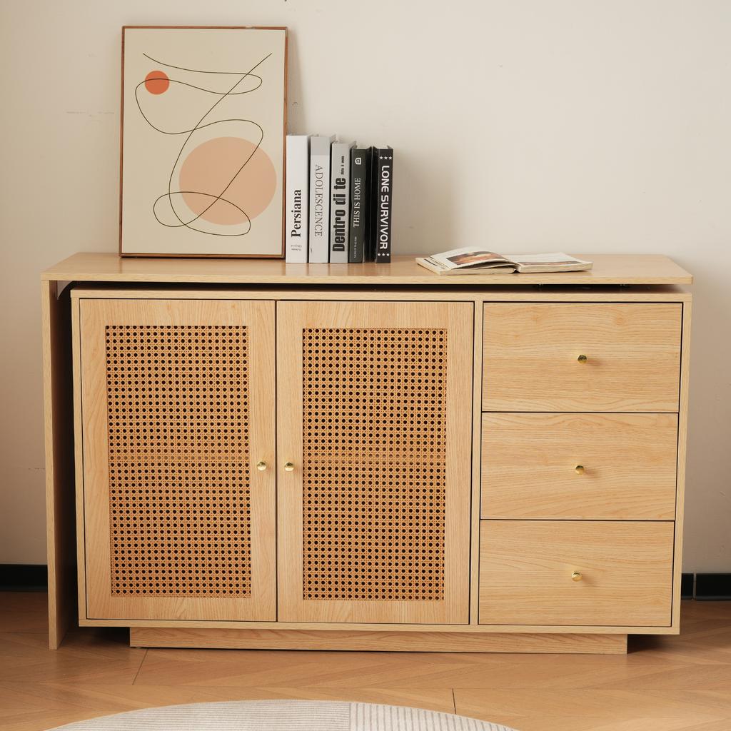 Desk, L-Shaped Corner Table, Computer Table with Rattan Doors, Dressing Table, White 126 cm
