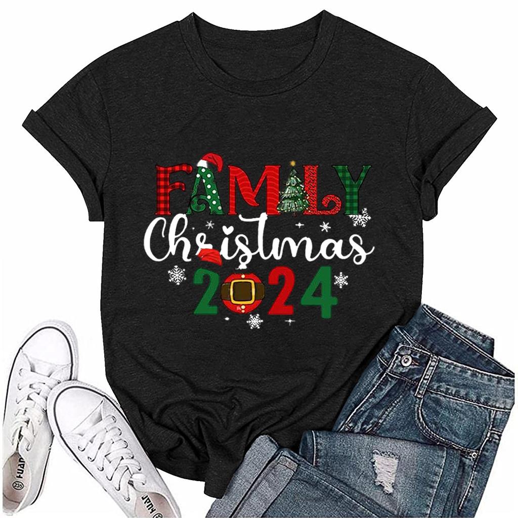 Женский повседневный рождественский принт с короткими рукавами и круглым вырезом, свободный пуловер, топ