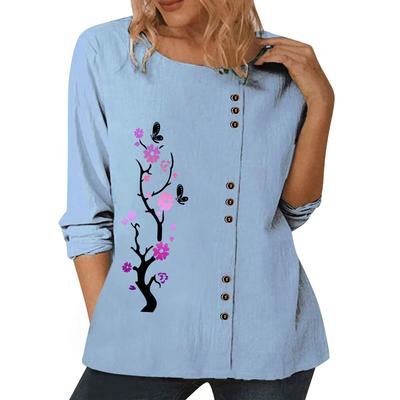 Модный женский хлопковый топ с различными принтами, круглым вырезом и длинными рукавами