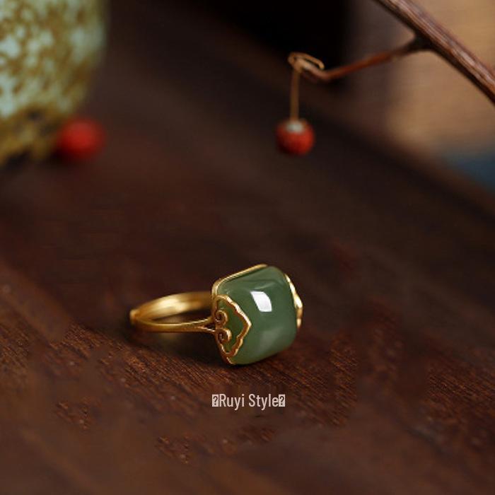 Hetian Jade Cloud Ring: Elegant Women's Open Chalcedony Jadeite with Retro Bamboo Design