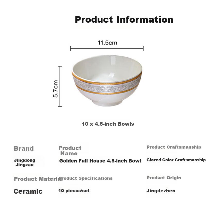 JD Original Complete Set of Bowls And Plates, Ceramic Housewarming Gift Set "Golden Prosperity", Rice Bowls 4.5 Inches * 10